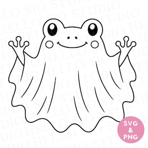 Puede incluir: Una ilustración de arte lineal en blanco y negro de una rana con un disfraz de fantasma. La rana tiene ojos grandes, una boca sonriente y mejillas circulares. La sábana de fantasma cae con bordes ondulados. Un círculo rosa contiene el texto SVG & PNG.