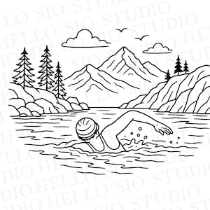 May include: A black and white line art illustration depicting a person wearing a swim cap while performing a front crawl stroke in a body of water. The background features a mountain range, rocky shorelines, evergreen trees, and clouds.