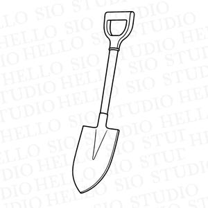 Può includere: Un'illustrazione in bianco e nero a linee di una pala con impugnatura a forma di D, un lungo manico dritto e una lama appuntita. Il design è presentato come una grafica in stile vettoriale pulita con contorni marcati su uno sfondo bianco.