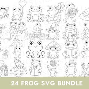 May include: A collection of 24 black and white line art illustrations of frogs in various activities, including sitting on a lily pad, riding a bicycle, wearing a witch hat, holding a strawberry, reading a book, and relaxing on a lounge chair.