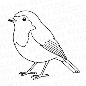 以下が含まれることがあります： 左を向いたコマドリの黒と白の線画イラスト。この描画は、鳥の丸い体、尖ったくちばし、小さな目、羽のある翼、細い脚を定義する、明確で太い輪郭線が特徴です。背景には薄く「HELLO SIO STUDIO」という文字が繰り返されています。