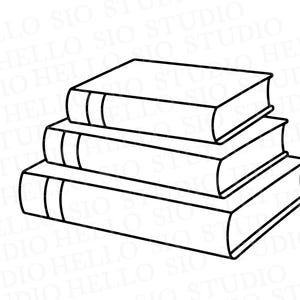 May include: A black and white line art illustration of a stack of three books. The books are arranged in a pyramid shape, with the smallest book on top and the largest on the bottom. Each book features a simple spine detail with two vertical lines.