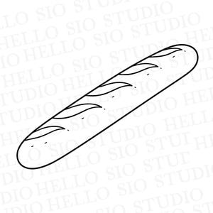May include: A black and white line art illustration of a baguette bread loaf featuring diagonal score marks along the top surface. The background contains a repeating watermark text that reads HELLO SIO STUDIO in a light gray font color.