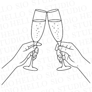 Peut inclure: Une illustration en noir et blanc au trait représentant deux mains tenant des flûtes à champagne hautes lors d'un toast. Les verres sont remplis de liquide et de bulles, dessinés avec des contours circulaires simples. Le fond contient du texte.