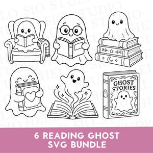May include: A collection of six black and white line art illustrations featuring ghosts reading books. One ghost sits in an armchair, another wears glasses, one sits on a stack of books, one holds a book with a heart, one emerges from an open book, and one stands next to a book titled GHOST STORIES.