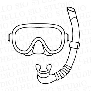 Op de afbeelding: Een zwart-wit lijntekening van een duikmasker en een snorkel. Het masker heeft een frame met één lens en een neusgedeelte, terwijl de snorkel een flexibel geribbeld buisgedeelte, een mondstuk en een opening aan de bovenzijde bevat.