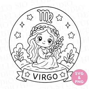 Könnte beinhalten: Eine schwarz-weiße Strichzeichnung des Sternzeichens Jungfrau mit einer Figur mit langem Haar, die einen Kranz trägt, Weizen hält und von Sternen und Wolken in einem Kreis umgeben ist, mit dem Text Virgo auf einem Banner am unteren Rand.