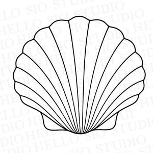 May include: A black and white line art illustration of a scallop shell. The design features a symmetrical fan shape with distinct vertical ridges radiating from the base to the scalloped top edge, presented against a repeating watermark background.