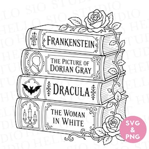 May include: A black and white line art illustration of a stack of four classic books titled Frankenstein, The Picture of Dorian Gray, Dracula, and The Woman in White. A climbing rose vine with two blooming roses wraps around the side of the book stack.