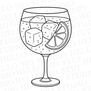 May include: A black and white line art illustration of a stemmed cocktail glass filled with liquid, three square ice cubes, and a citrus fruit slice. The background features a repeating watermark text that reads HELLO SIO STUDIO.