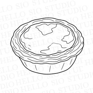 May include: A black and white line art illustration of a single egg tart pastry. The drawing features a circular crust with a ruffled, layered edge and a smooth, slightly uneven custard center. The background contains a repeating watermark text.