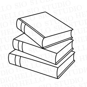 Puede incluir: Una ilustración de arte lineal en blanco y negro de una pila de tres libros. Cada libro presenta un diseño de cubierta rectangular simple con dos líneas verticales en el lomo. Los libros están apilados con uno en ángulo en la parte superior.