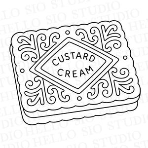 May include: A black and white line art illustration of a rectangular custard cream biscuit. The design features a central diamond shape containing the text CUSTARD CREAM, surrounded by intricate scrollwork and small circular accents.