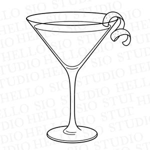 May include: A black and white line art illustration of a martini glass filled with liquid and garnished with a citrus twist. The background features a repeating watermark of the text HELLO SIO STUDIO in a light grey font across the entire image.