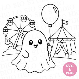 以下が含まれることがあります： 風船を持った笑顔の幽霊を描いた白黒の線画イラスト。背景には観覧車とサーカステントがあります。右下のピンク色の円の中には、白い文字でSVG & PNGと書かれています。