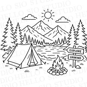 Könnte beinhalten: Eine schwarz-weiße Strichzeichnung einer Campingszene mit einem Zelt, einem Lagerfeuer und einem See, umgeben von Kiefern und Bergen. Rechts steht ein hölzernes Wegweiser-Schild mit den aufgedruckten Wörtern EXPLORE und UNWIND.