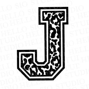 May include: Black and white letter "J" with a cow print design. The letter is outlined in black with a white border and filled with a black and white cow pattern. The image is a graphic design.