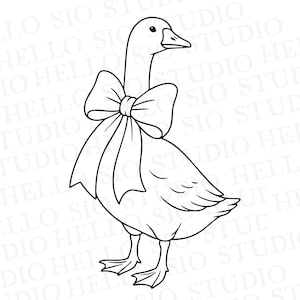 May include: A black and white line art illustration of a goose wearing a large bow around its neck. The goose is standing in profile, facing right, with its head turned slightly towards the viewer. The background features repeating text.
