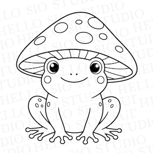 May include: A black and white line art illustration of a small frog sitting upright with a large mushroom cap on its head. The mushroom cap features circular spots, and the frog has large eyes, a simple smile, and small spots on its legs.