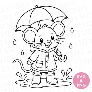 May include: A black and white line art illustration of a mouse wearing a hooded raincoat and rain boots, standing in a puddle while holding an umbrella. Raindrops fall around the mouse. A pink circle in the corner contains the text SVG & PNG.