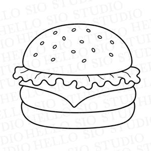 May include: A black and white line art illustration of a cheeseburger featuring a sesame seed bun, a layer of ruffled lettuce, a slice of cheese, and a burger patty. The background contains the repeating watermark text HELLO SIO STUDIO.