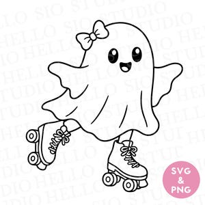 May include: A black and white line art illustration of a ghost wearing a bow on its head and roller skates on its feet. The ghost has a smiling face with large eyes. A pink circular badge in the bottom right corner contains the text SVG & PNG.
