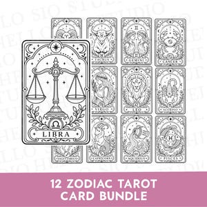 May include: A collection of twelve black and white tarot cards featuring zodiac signs including Libra, Taurus, Gemini, Cancer, Virgo, Leo, Scorpio, Sagittarius, Capricorn, Aquarius, and Pisces, with intricate line art illustrations and celestial motifs.