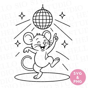Può includere: Un'illustrazione in bianco e nero a tratto di un topo dei cartoni animati che balla sotto una palla da discoteca. Il topo ha grandi orecchie, una faccia sorridente e un braccio alzato. Quattro stelle circondano il topo e un palco circolare.