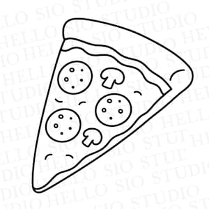 May include: A black and white line art illustration of a single slice of pizza. The pizza slice features a thick crust, a wavy line representing sauce, and toppings including three circular pepperoni slices and two mushroom shapes.
