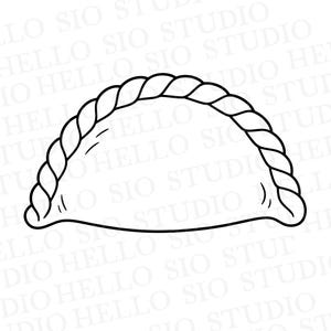 May include: A black and white line art illustration of a single empanada or dumpling. The pastry features a distinct braided or crimped edge along the curved top, with simple line details indicating the texture of the dough on the surface.