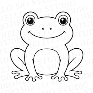 Puede incluir: Una ilustración de arte lineal en blanco y negro de una rana con ojos grandes, una boca ancha sonriente y dos fosas nasales. La rana se muestra en posición sentada con las patas delanteras apoyadas en el suelo y las traseras plegadas a los lados.