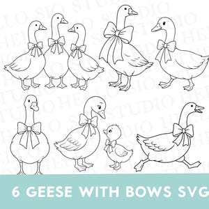May include: A collection of black and white line art illustrations featuring six geese and one gosling, each wearing a decorative bow around its neck. The geese are depicted in various poses, including standing, walking, and facing different directions.