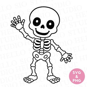 May include: A black and white line art illustration of a cartoon skeleton waving its hand. The skeleton has a large round head with dark oval eyes, a small nose, and a wide smiling mouth. A pink circular badge in the corner displays the text SVG & PNG.