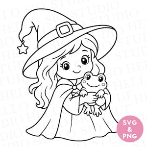 May include: A black and white line art illustration of a character wearing a pointed witch hat with a star charm, holding a small frog. The character has long wavy hair and wears a cape. A pink circle in the corner contains the text SVG & PNG.