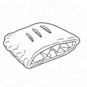 May include: A black and white line art illustration of a rectangular pastry with a crimped edge and three diagonal slits on top, revealing a fruit-filled interior. The image features a repeating watermark text that reads HELLO SIO STUDIO.