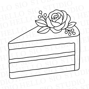 May include: A black and white line art illustration of a single triangular slice of cake. The cake features three distinct layers and is topped with a detailed rose flower and small sprigs of berries. The text HELLO SIO STUDIO repeats in the background.