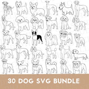 Peut inclure: Une collection de trente illustrations en noir et blanc au trait représentant diverses races de chiens disposées en grille. Les chiens sont représentés en position debout, montrant différentes tailles et types de pelage. Le texte 30 DOG SVG BUNDLE est en bas.