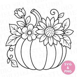 May include: A black and white line art illustration of a pumpkin adorned with a bouquet of flowers, including a large sunflower and smaller blossoms with leaves and vines. A pink circular badge in the bottom right corner contains the text SVG & PNG.