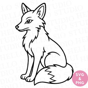 Peut inclure: Une illustration en noir et blanc au trait représentant un renard assis de profil. Le renard a des oreilles pointues, une queue touffue et un poitrail duveteux. Un badge circulaire rose en bas à droite contient le texte blanc SVG & PNG.