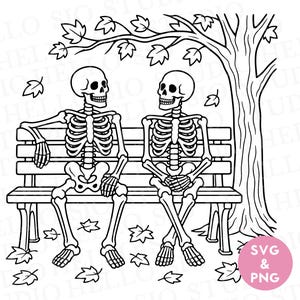 Skeletons on a Bench SVG | Autumnal Skeleton Line Art Illustration PNG | Fall Vector Clipart