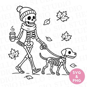 Könnte beinhalten: Eine schwarz-weiße Strichzeichnung eines Skeletts mit Mütze und Schal, das einen Kaffeebecher hält und einen Skeletthund an der Leine führt. Fallende Ahornblätter umgeben die Figuren. Ein rosa Kreis enthält den Text SVG & PNG.