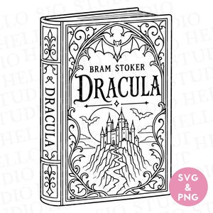 May include: A black and white line art illustration of a book titled Bram Stoker Dracula. The cover features a gothic castle on a cliff, a winding path, bats, and a full moon, all framed by intricate decorative scrollwork and borders.