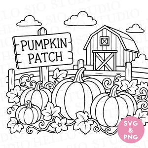 May include: A black and white line art illustration of a pumpkin patch featuring three pumpkins of varying sizes, leafy vines, a wooden sign with the text PUMPKIN PATCH, a wooden fence, a barn in the background, and three clouds in the sky.