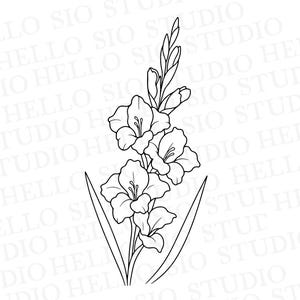 May include: A black and white line art illustration of a gladiolus flower stalk with multiple open blossoms and pointed leaves. The design features clean, bold outlines on a white background with the repeating text HELLO SIO STUDIO.