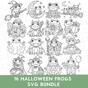 May include: A digital collection of 16 black and white line art illustrations featuring frogs in various Halloween costumes and themes, including a frog on a broomstick, a mummy frog, a vampire frog, and frogs with pumpkins, ghosts, and stars.