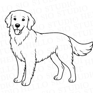 Può includere: Un'illustrazione in bianco e nero a tratto di un cane Golden Retriever in piedi di profilo. Il cane ha orecchie pendenti, una coda folta e la bocca aperta con la lingua visibile. Lo sfondo presenta un motivo di testo in filigrana.