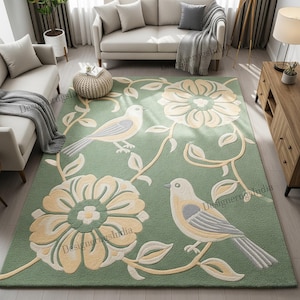 Sage Green Hand Tufted Floral Rug, Modern Flower Area Rugs For Bedroom, Birds Design Living Room Rug, Custom Wool Accent Dining Room Rug