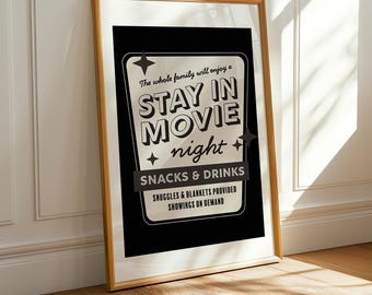 Retro Movie Night Poster: Home Cinema Decor, Snacks & Drinks (Digital Download)