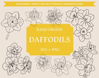 Hand Drawn Daffodil Clipart | Botanical Flower Line Art Tattoos (SVG, PNG Bundle)