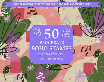 May include: A digital art graphic with a purple banner that reads "50 Procreate Boho Stamps". The background features hand-drawn shapes in green, pink, and beige. Text at the top says "Hand Drawn Shapes Perfect for Cricut Projects, Procreate & More".